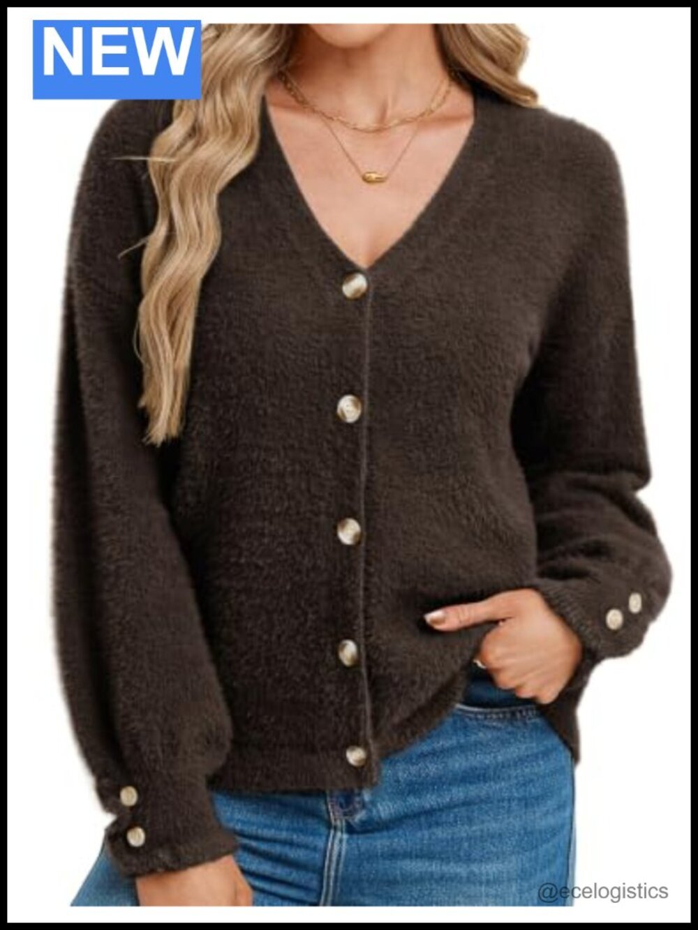 Chunky Wool Blend Fuzzy Cardigan Sweater, V Neck Button Up Open Front Long